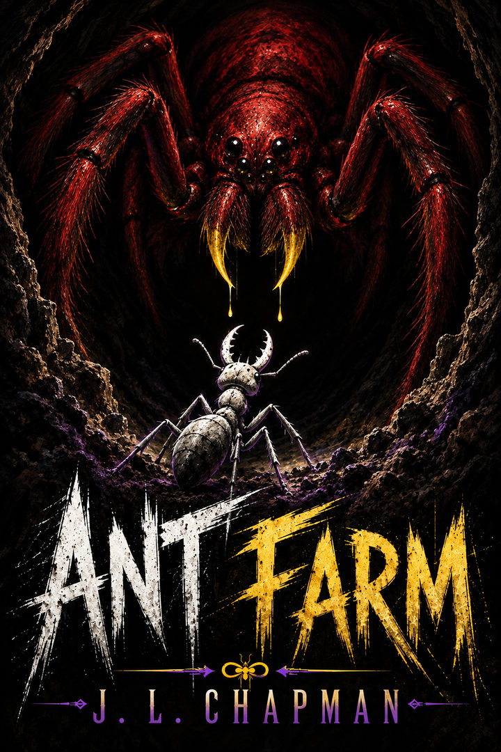 Ant Farm concept cover featuring a giant red spider looming over an ant