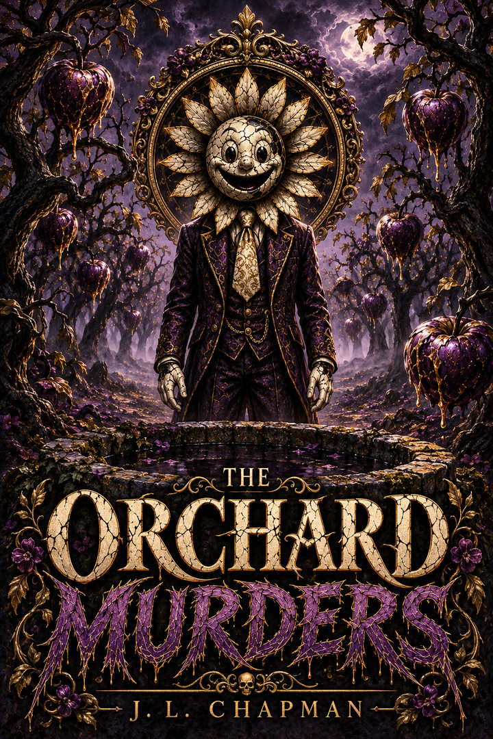 The Orchard Murders concept cover featuring a sinister flower-faced figure in a purple orchard