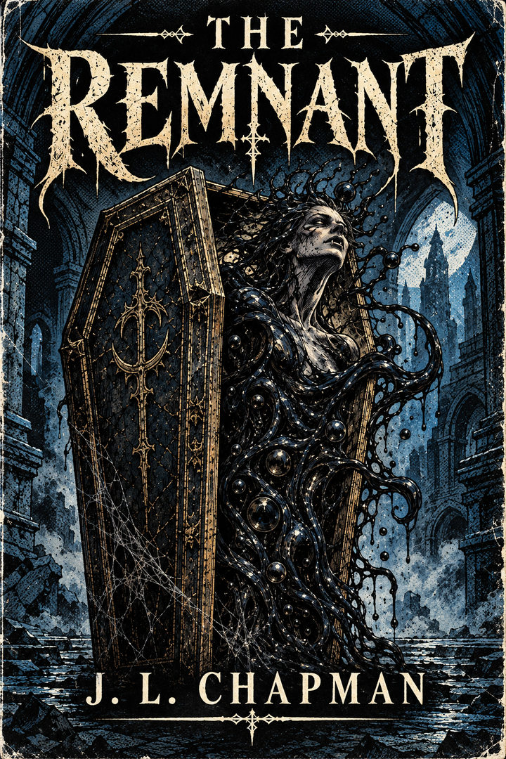 The Remnant concept cover featuring a dark coffin and a rising monstrous figure